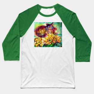 CAT WITH RED RIBBON AND SUNFLOWERS Baseball T-Shirt